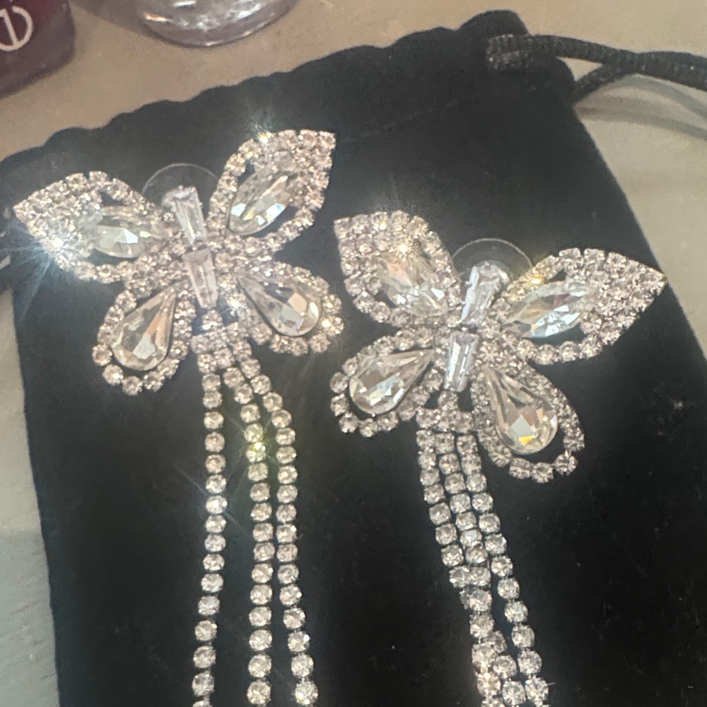 Crystal Butterfly Drop Earrings - Clear Rhinestone